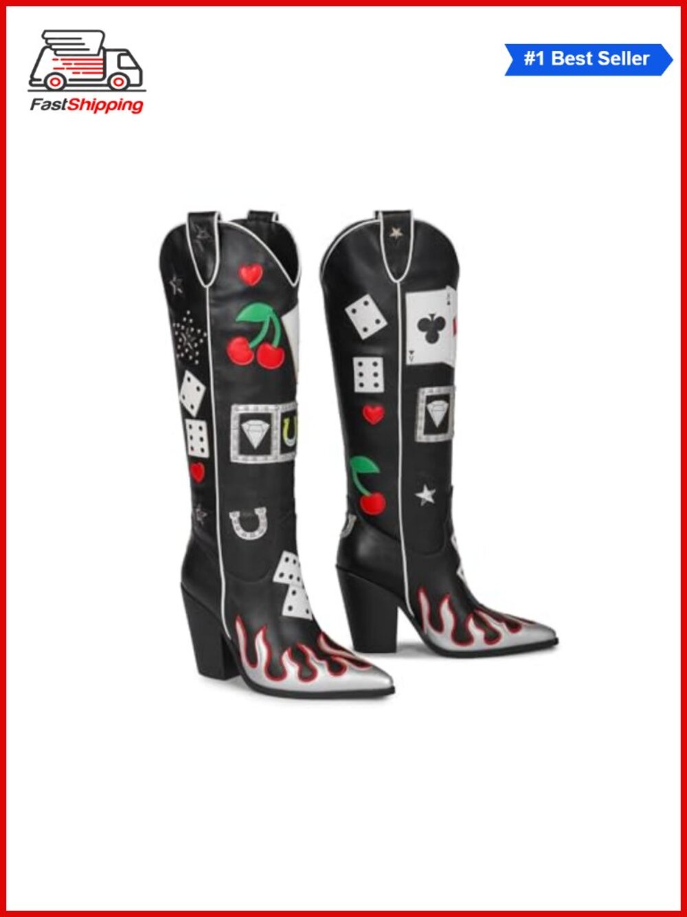 ✨ Krylinette Western Knee-High Cowboy Boots Faux Leather Pointed Toe Block Heel